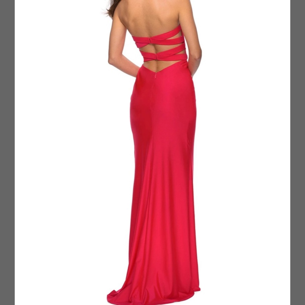 La Femme neon coral (red) long strapless dress with high slit